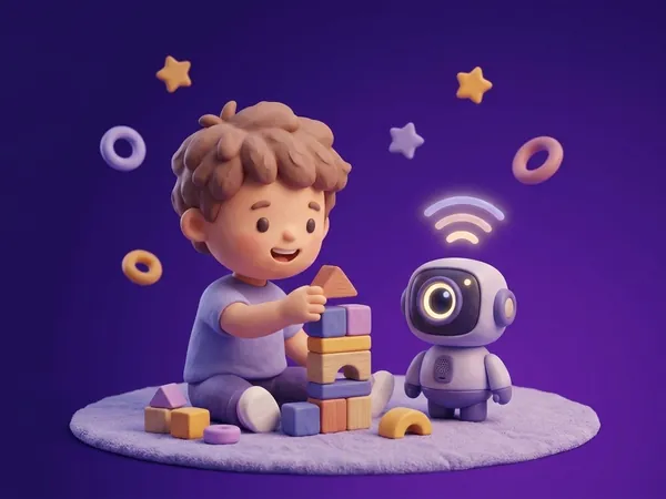 Criança de massinha montando torre de blocos ao lado de um robô de brinquedo com olho de câmera e ondas de sinal