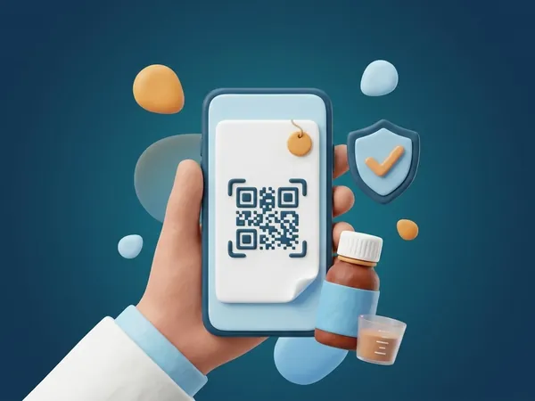 Mão de massinha segurando um celular com receita digital e QR code, um escudo com visto e um frasco de antibiótico infantil