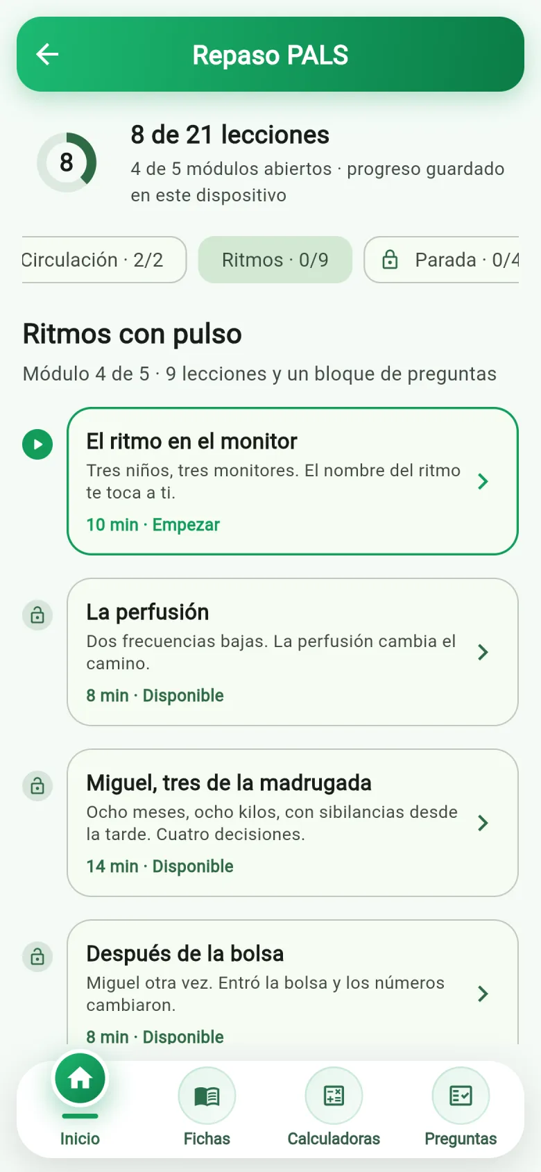 El recorrido del Repaso PALS: 21 lecciones en cinco módulos, con el progreso guardado en el dispositivo