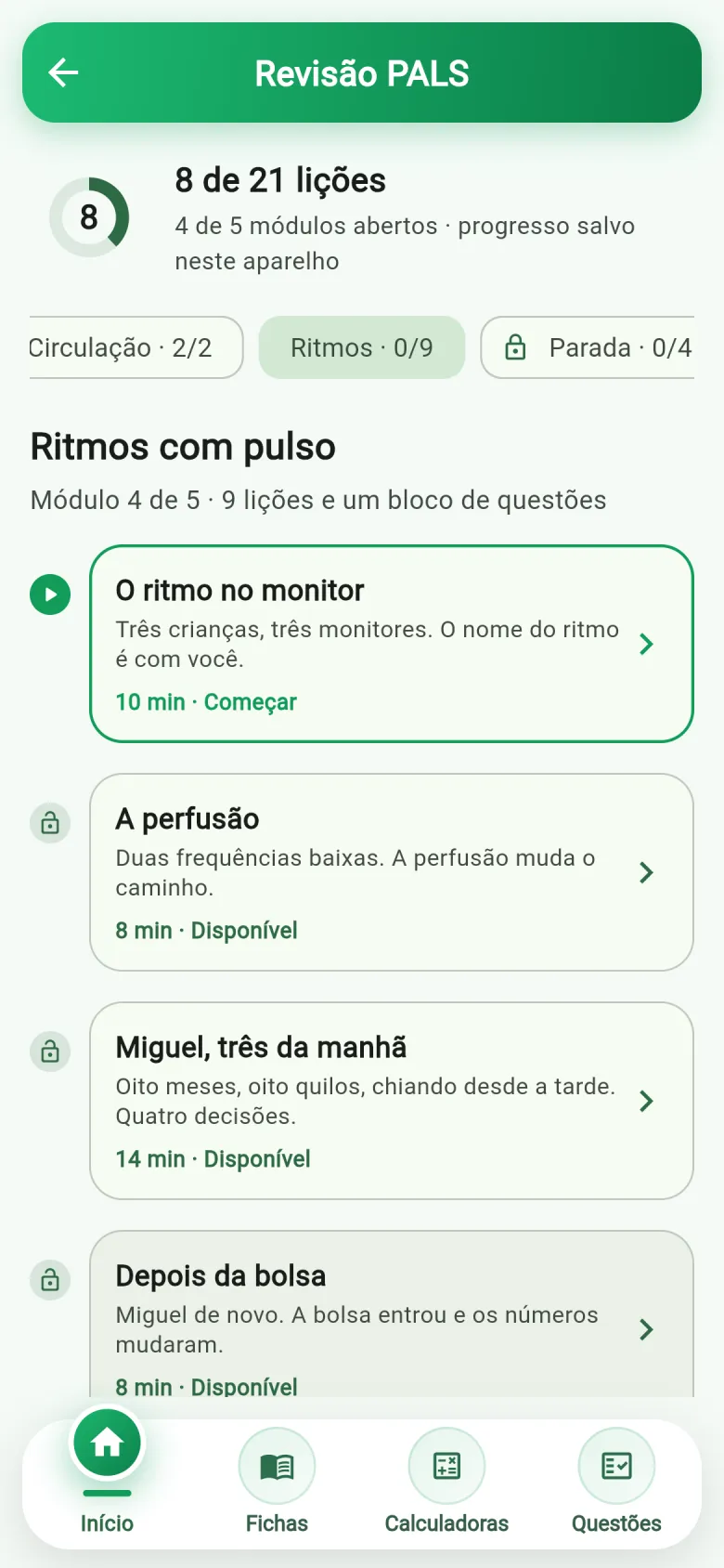 A trilha da Revisão PALS: 21 lições em cinco módulos, com o progresso salvo no aparelho